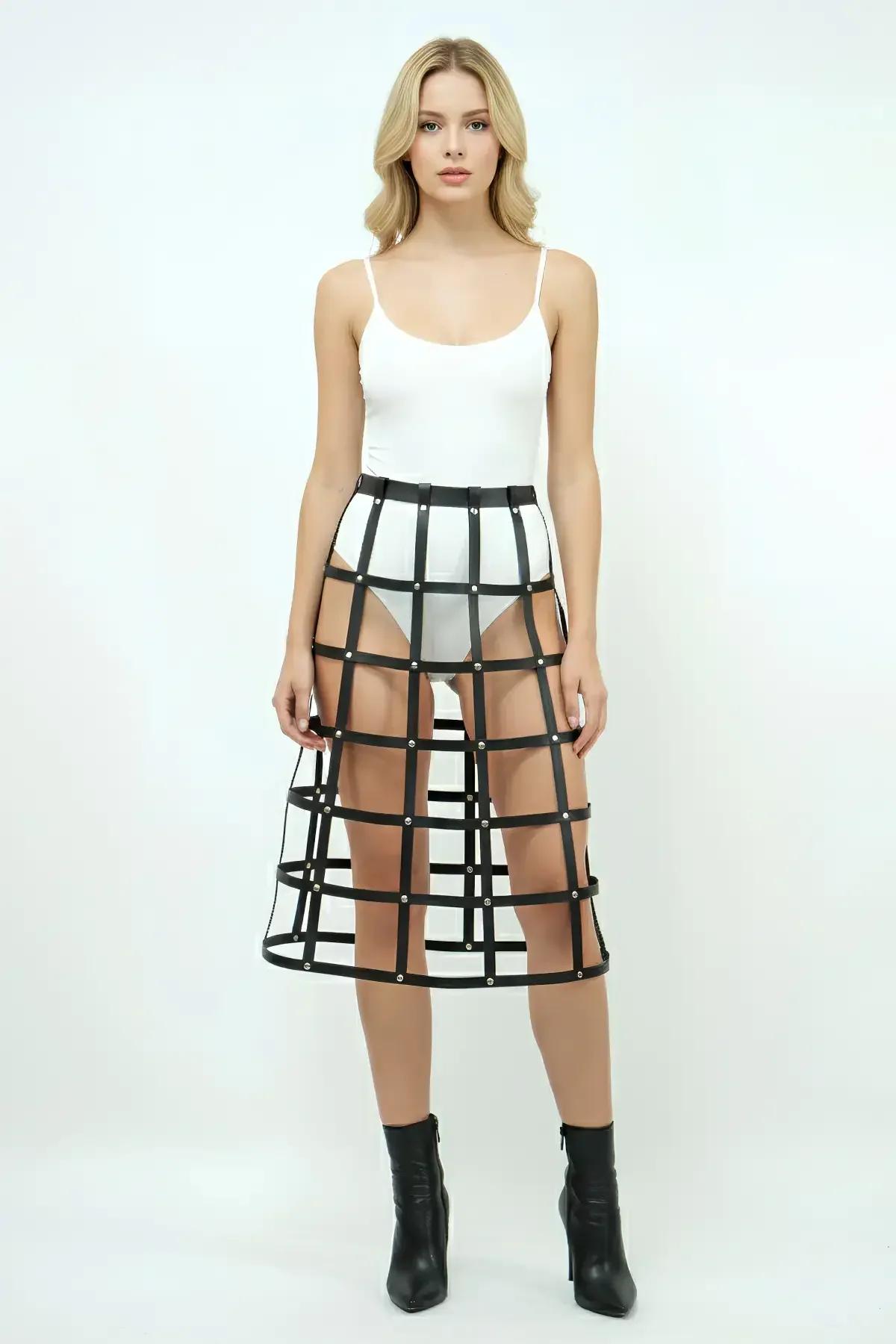 Faux Leather Cage Skirt Midi Harness with Rivets