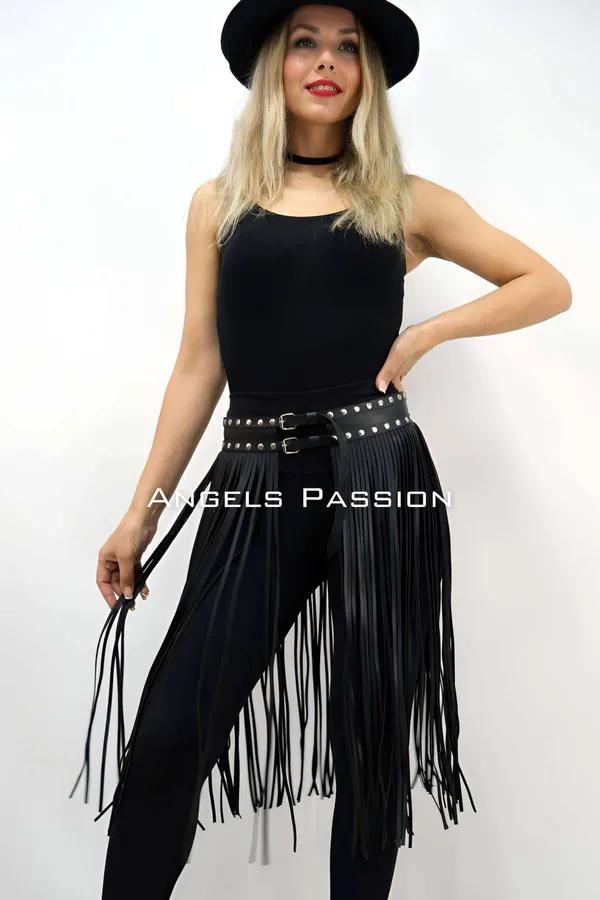 Studded Fringe Faux Leather Skirt Overlay