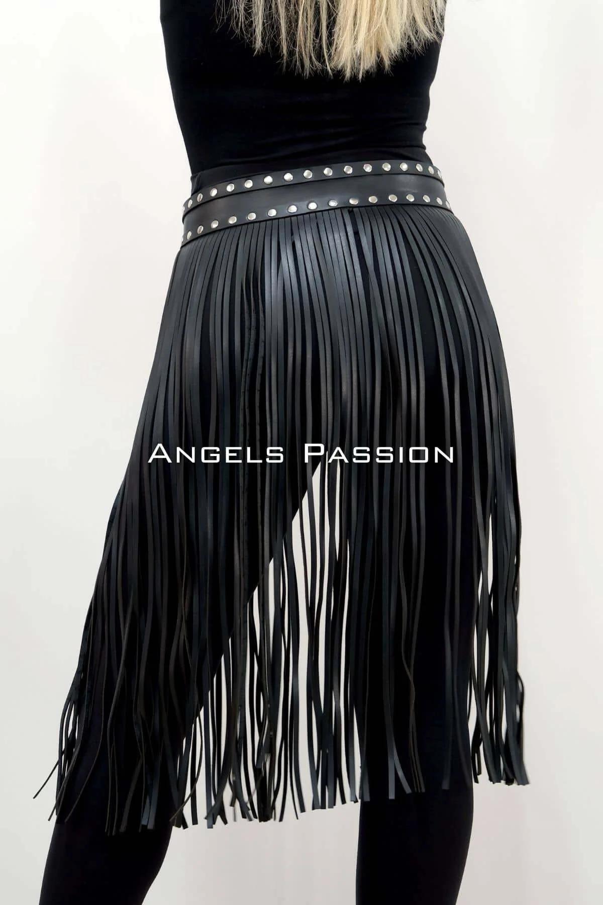 Studded Fringe Faux Leather Skirt Overlay