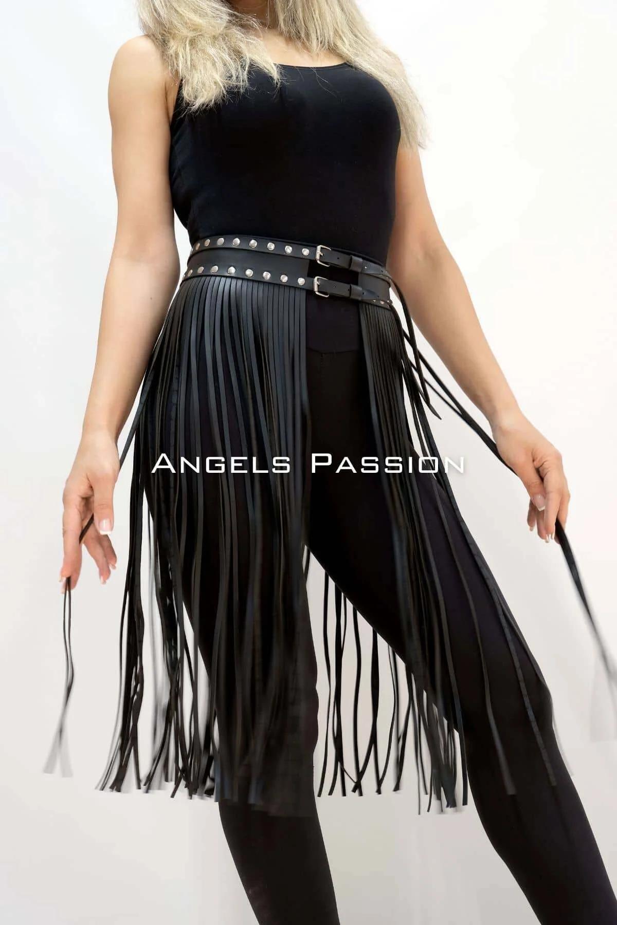 Studded Fringe Faux Leather Skirt Overlay