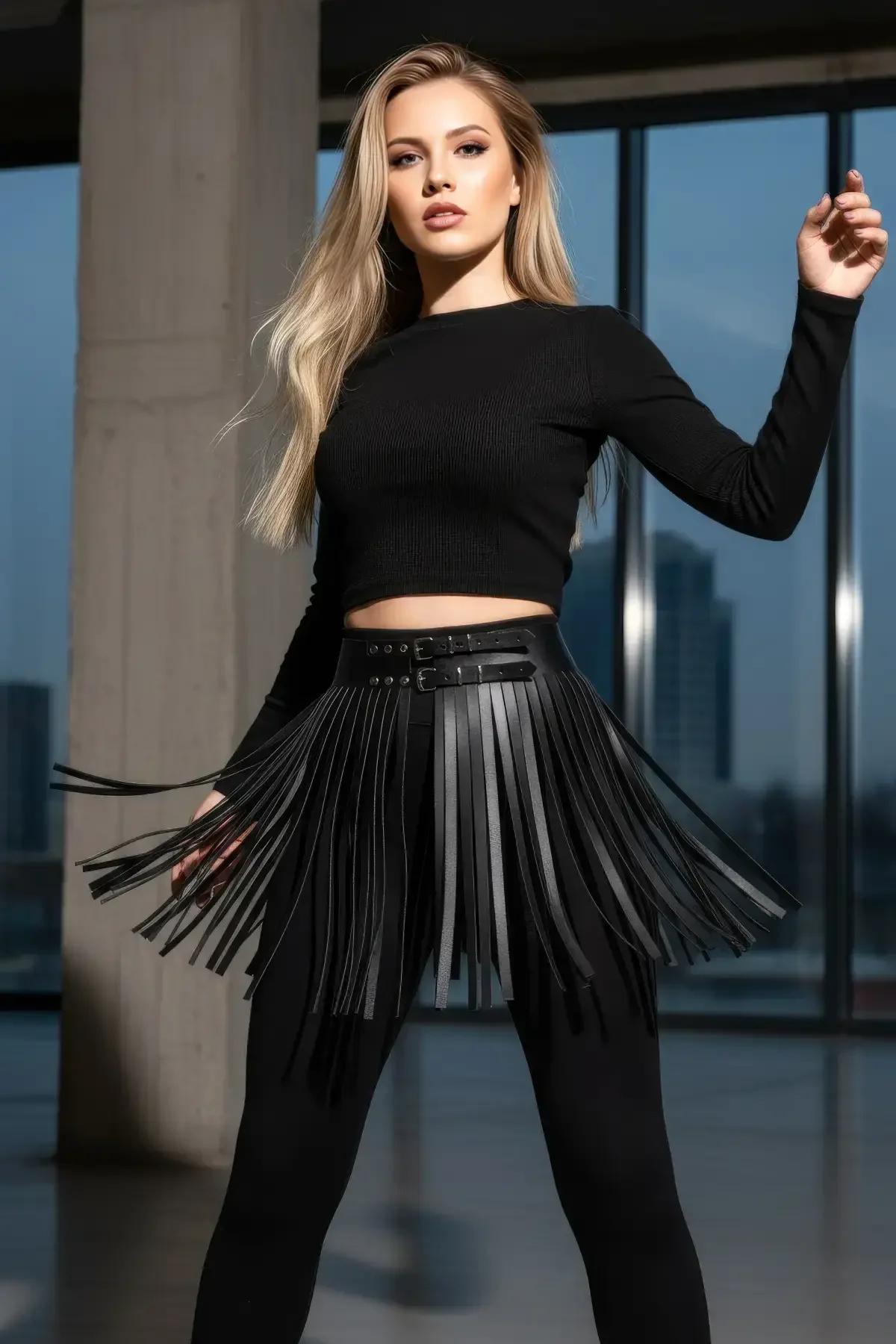 Faux Leather Fringe Mini Skirt Tasseled Waist Harness