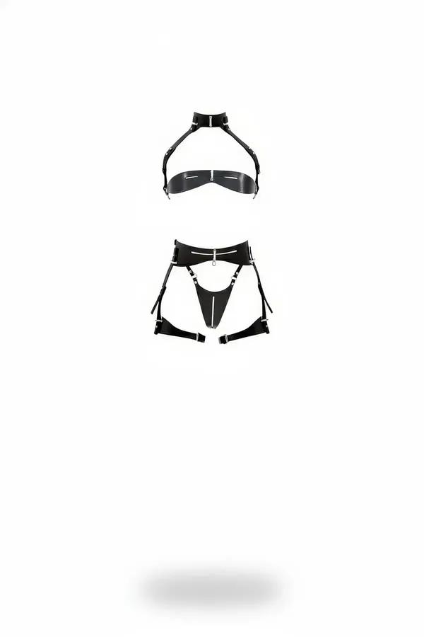 Glossy Faux Leather Harness Bra & Garter Belt Set