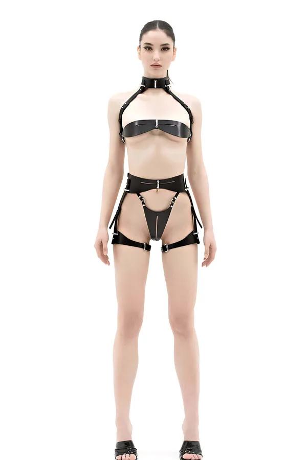 Glossy Faux Leather Bra & Garter Harness Set