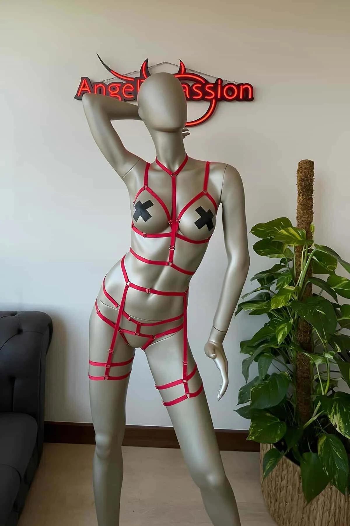 Red Multi-Strap Full Body Harness with Garter