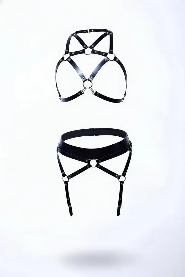 Adjustable Faux Leather Harness Bra & Garter Belt Set
