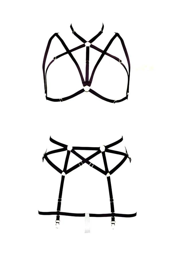 Strappy Pentagram Harness Bra & Garter Belt Set