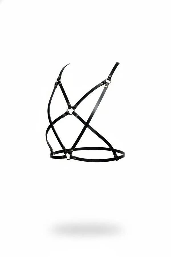 black faux leather caged chest harness with silver O-rings and geometric crossing straps underbust band