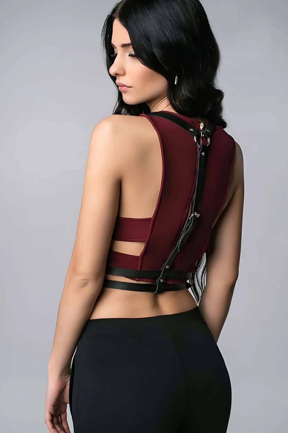 Strappy Faux Leather Harness with Double O-Rings