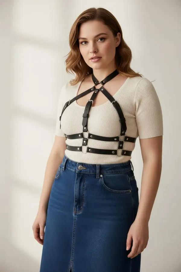Adjustable Faux Leather Cage Body Harness with O-Rings