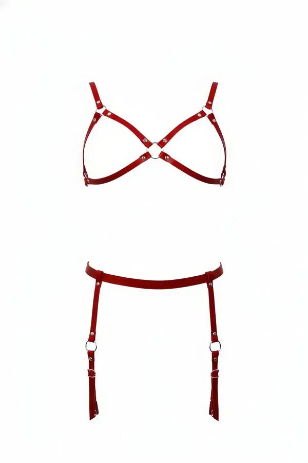 Red Vegan Leather Harness Bra & Garter Set