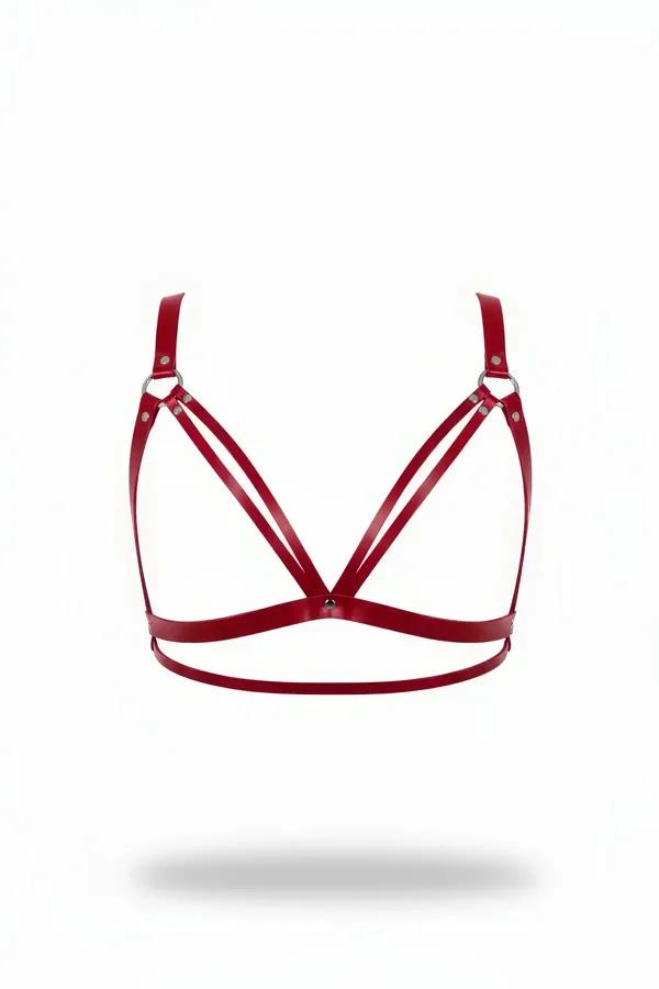 Red Faux Leather Strappy Chest Harness Bra