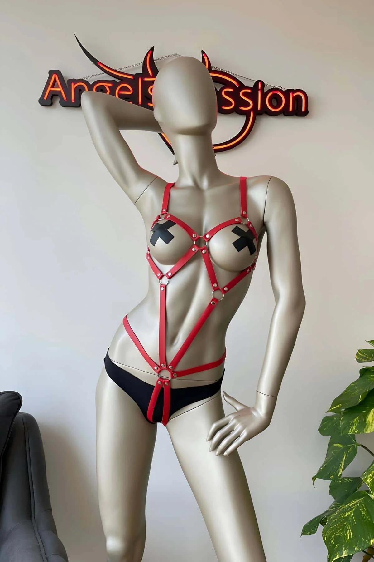 Crimson Strappy Body Harness with O-Ring Details