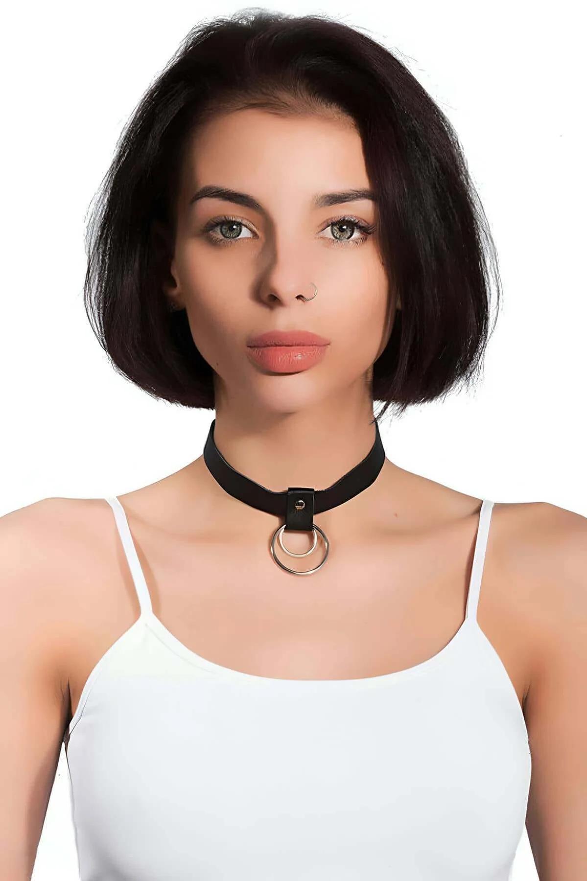 Faux Leather Choker Necklace with Dual O-Rings
