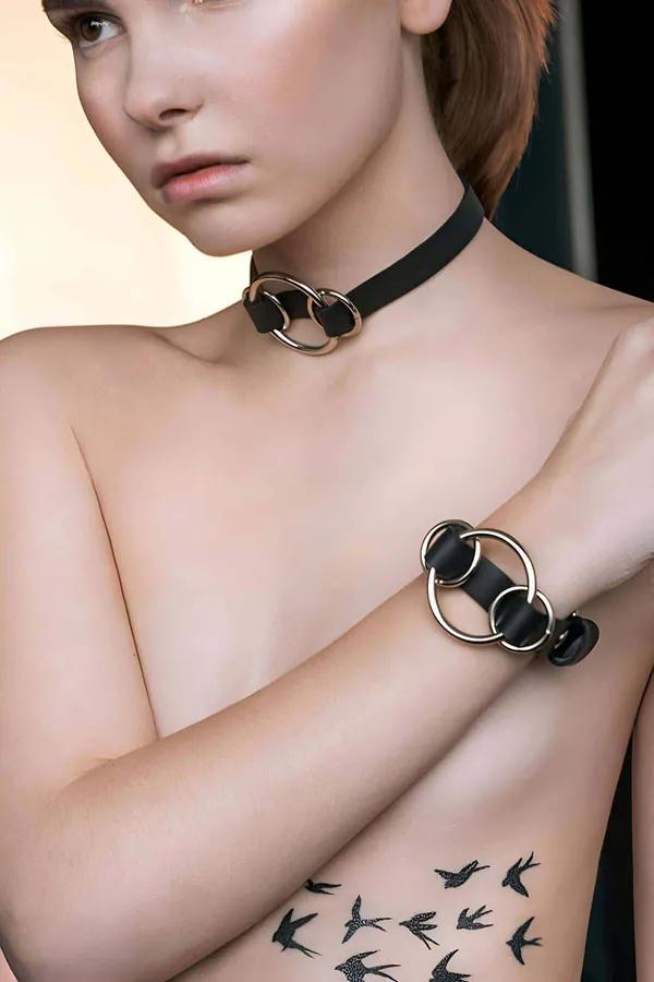 Faux Leather Choker and Bracelet Set with O-Rings