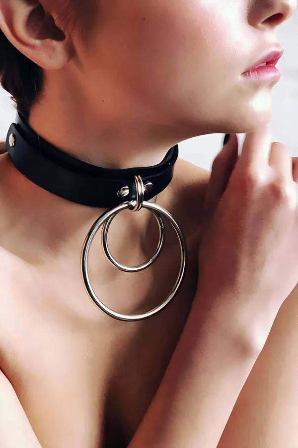 Faux Leather Choker Collar with Interlocking O-Rings