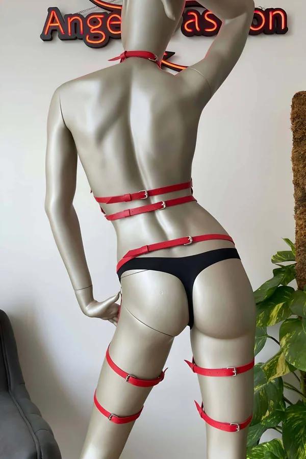 Strappy Red Faux Leather Harness & Thigh Garter Set