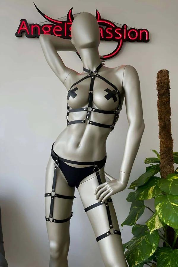 Siyah suni deri jartiyer harness takım gümüş O-ringli göğüs harnesi ve uyluk bandı seti