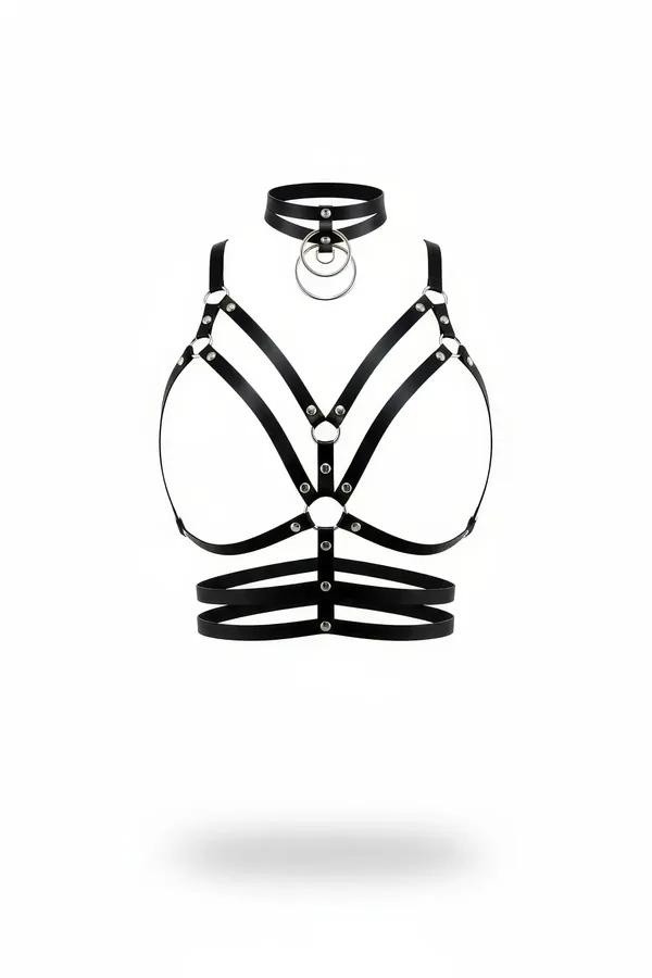 Faux Leather Harness Bra with Triple O-Ring Choker