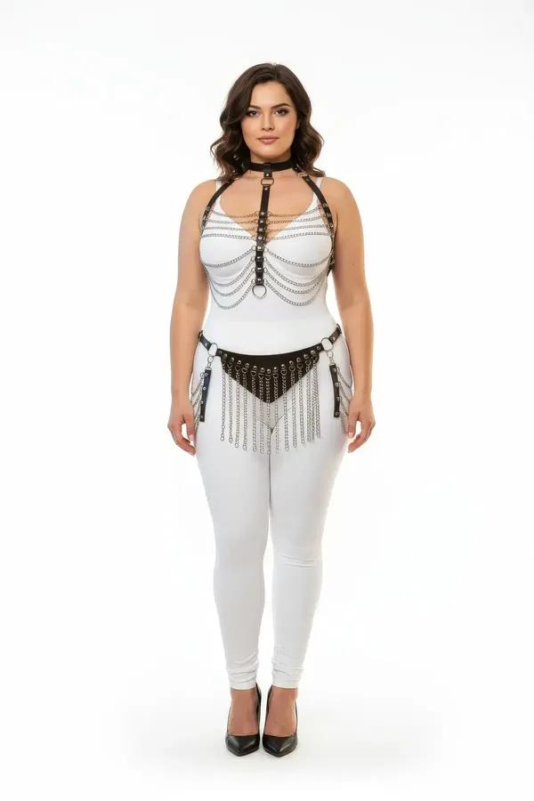 Black Faux Leather Chain Harness Set with Fringe Belt