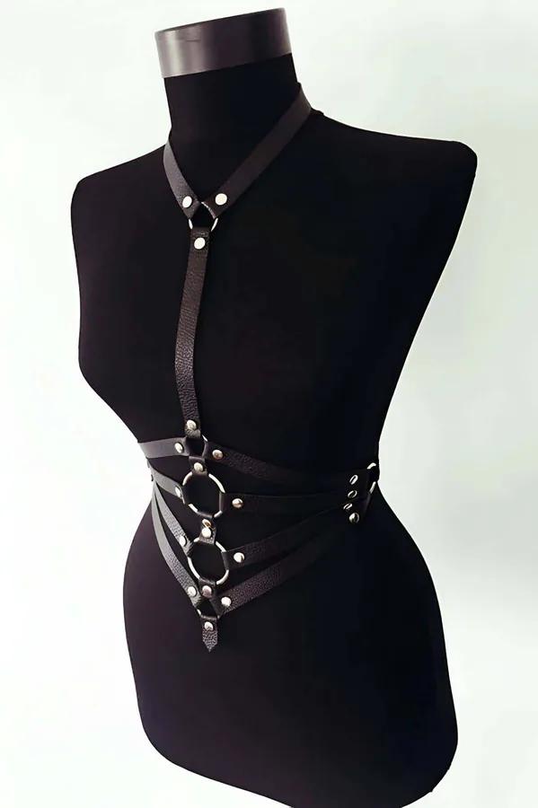 Black Faux Leather Body Harness with O-Rings