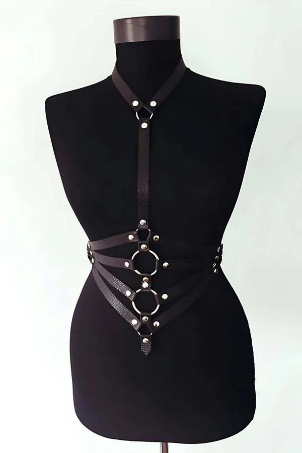 Black Faux Leather Body Harness with O-Rings