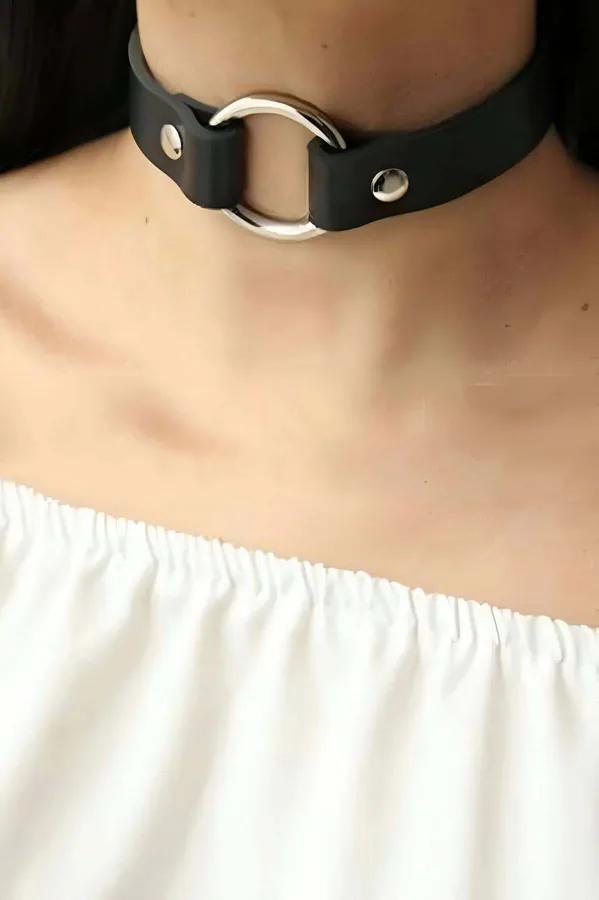 Faux Leather Choker with Silver O-Ring Accent