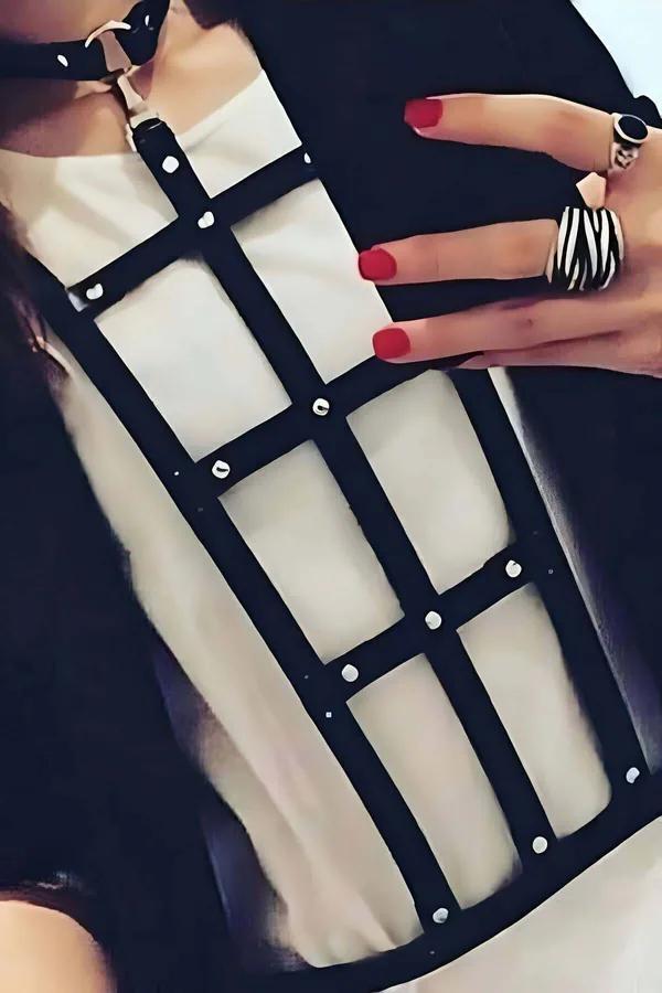 Black Faux Leather Full Body Harness with Grid Pattern and Neck Strap