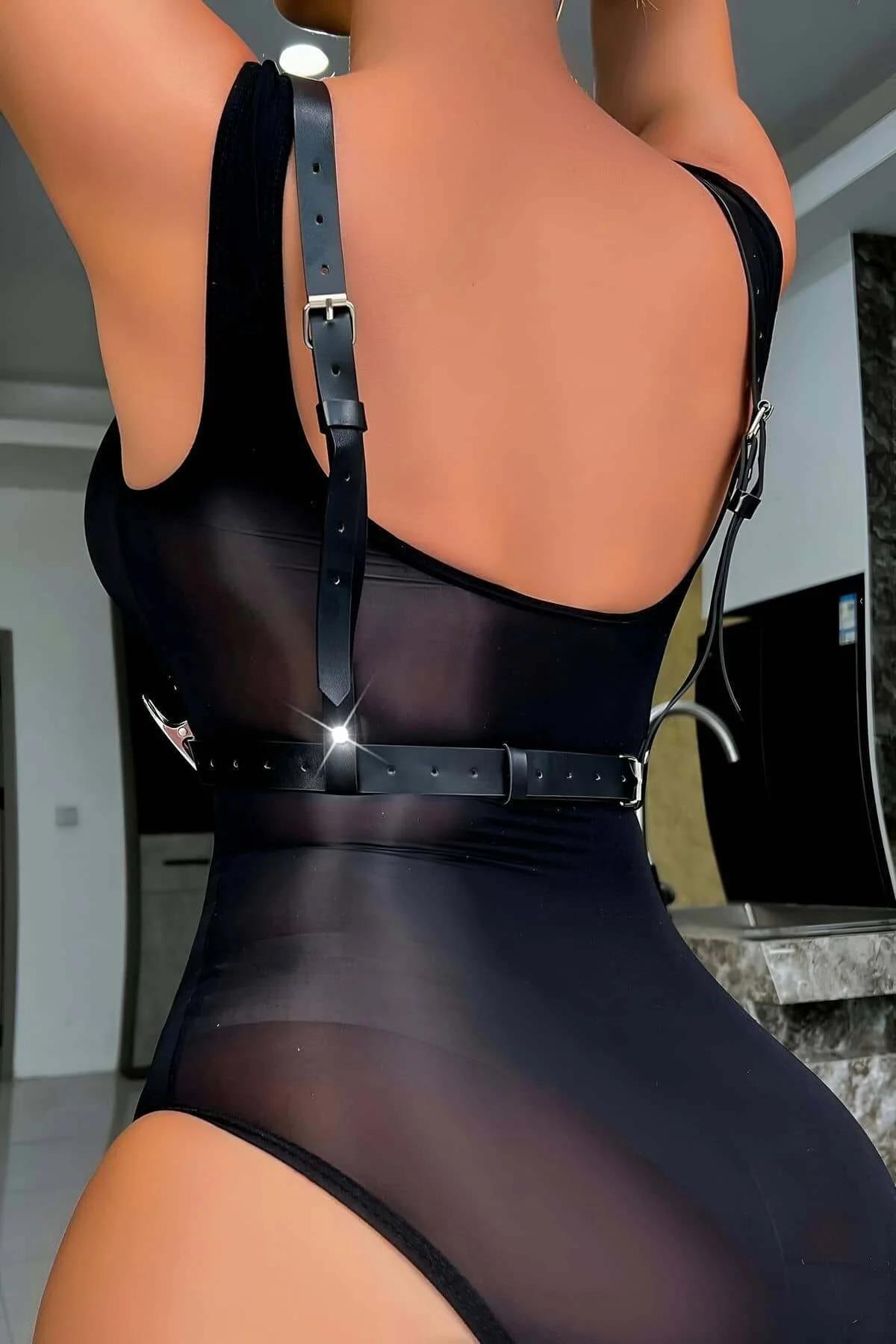 V-Cut Faux Leather Chest Harness with Interconnecting O-Rings