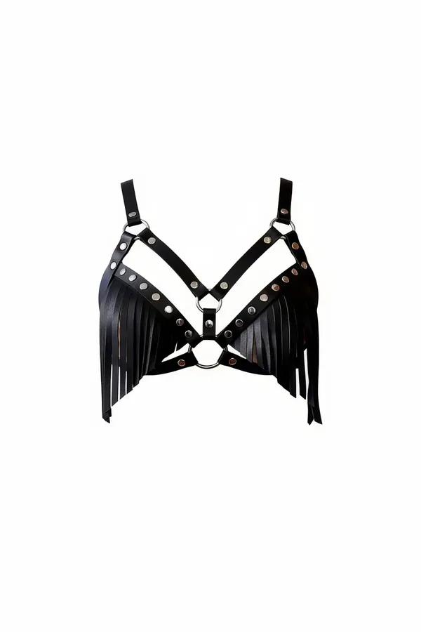 Fringed Studded Faux Leather Bra Harness