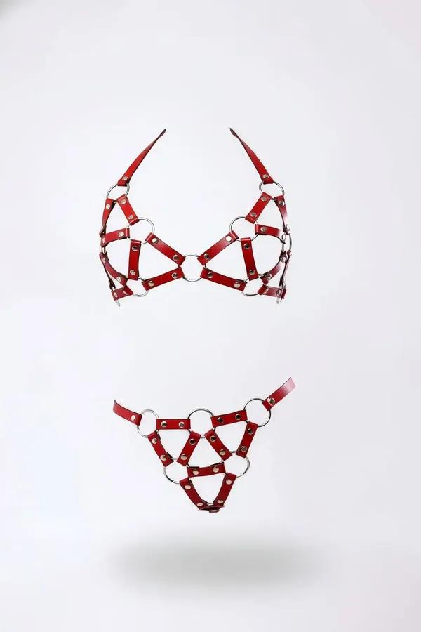 Red Faux Leather Caged Bra and G-String Harness Set