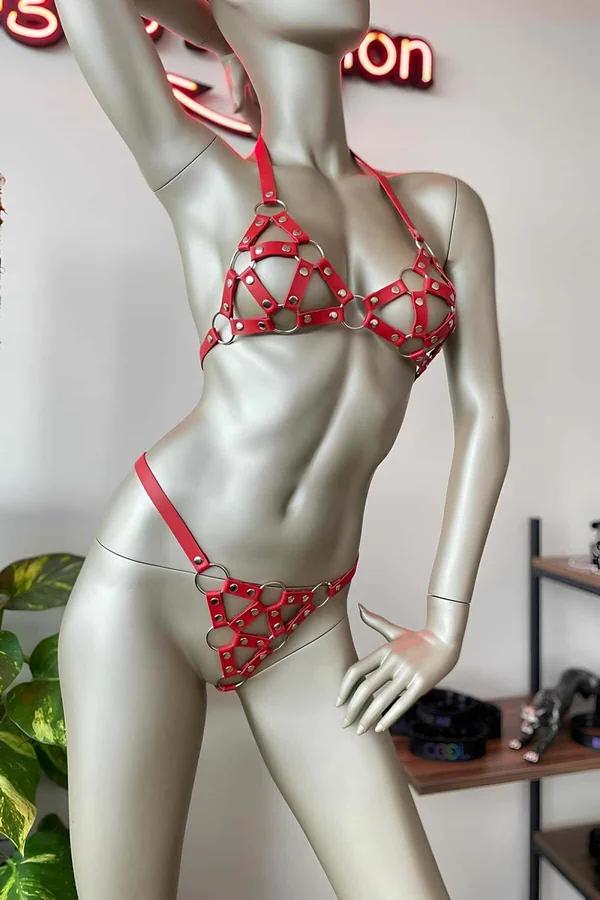 Caged Faux Leather Bra & Thong Harness Set