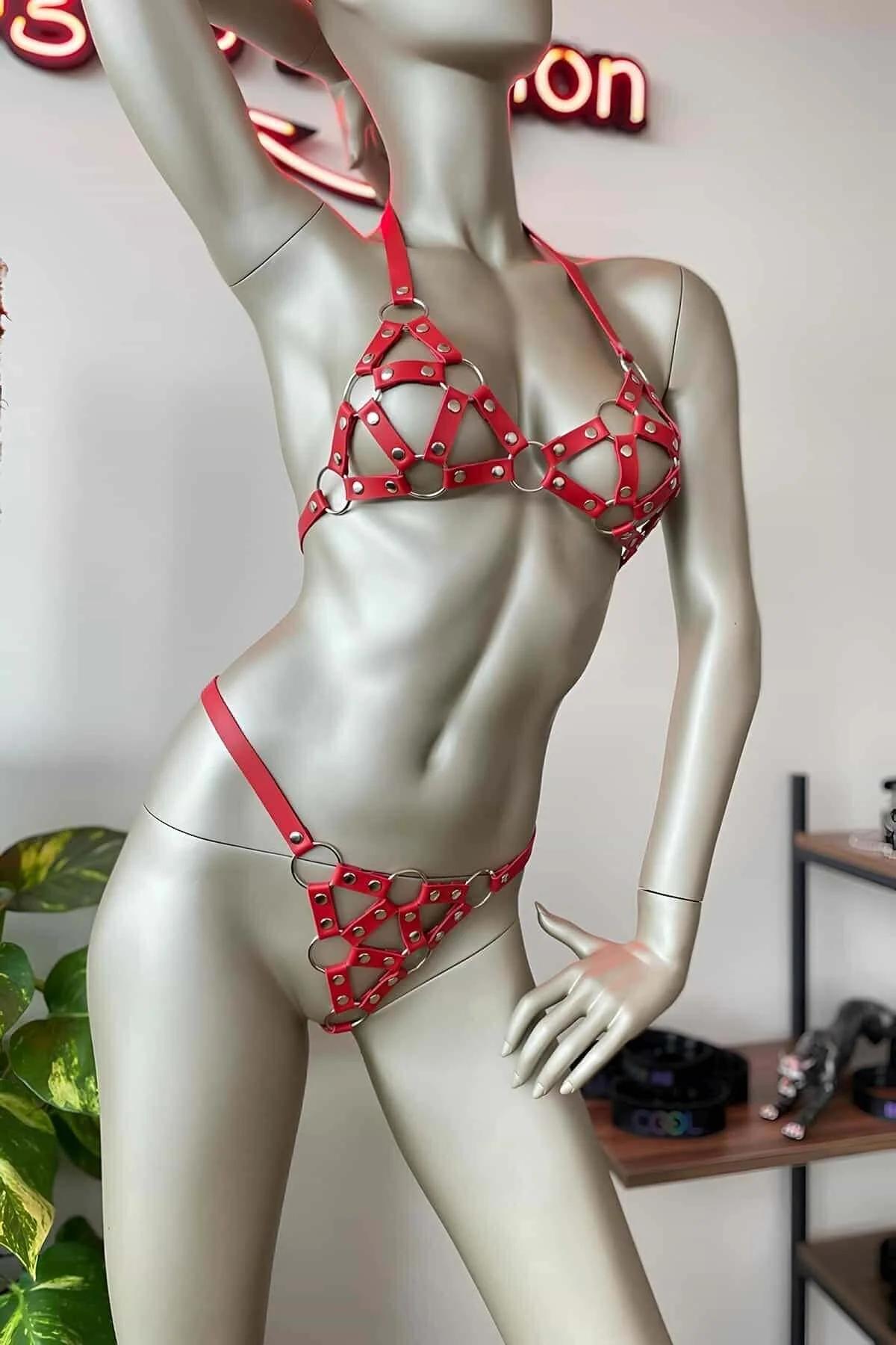 Caged Faux Leather Bra & Thong Harness Set
