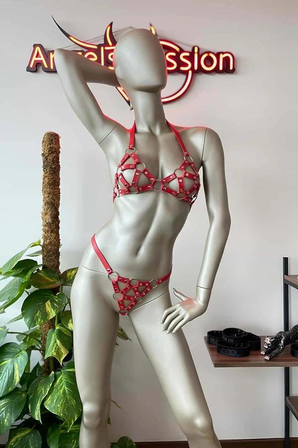 Caged Faux Leather Bra & Thong Harness Set
