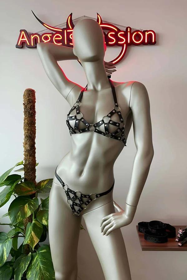 Studded Faux Leather Bra & Thong Harness Set