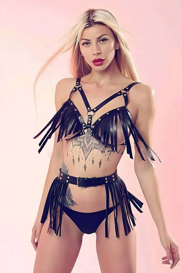 Two-Piece Faux Leather Fringe Harness Set