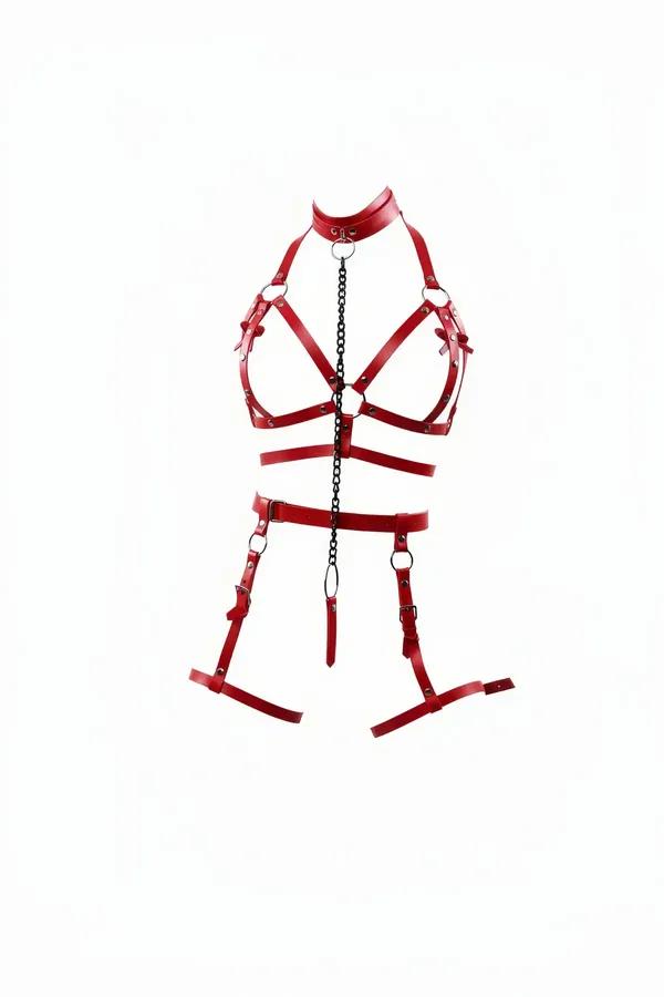Red faux leather full body harness with choker collar, black chain, caged chest straps, and thigh garter bands