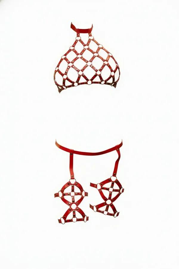 Red Vegan Leather Caged Harness Bra & Thigh Garters