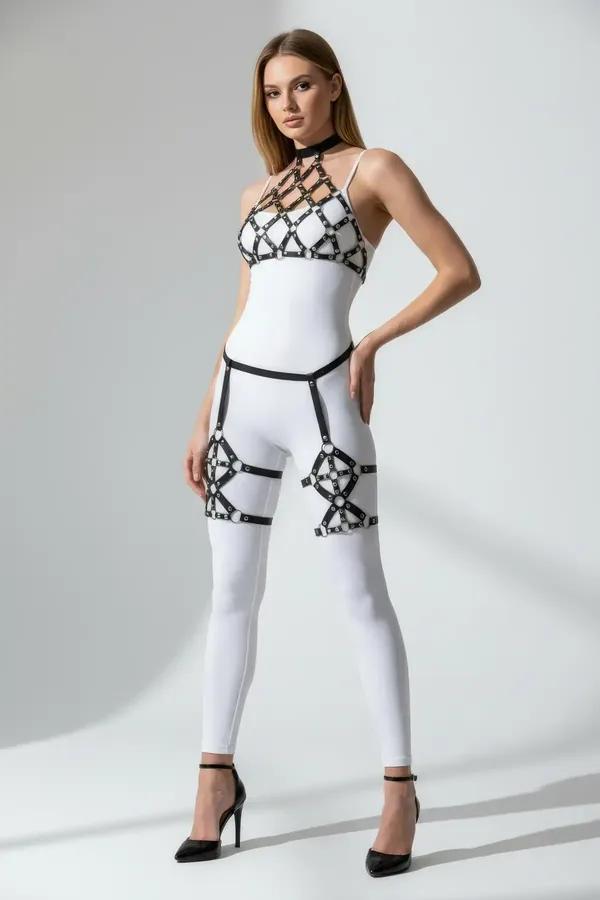 black faux leather caged bodice harness set with geometric O-ring straps and matching thigh harness pieces