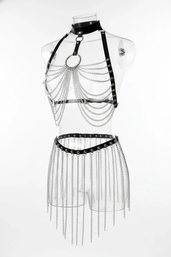 Faux Leather & Chain Body Harness with Fringe Skirt Set