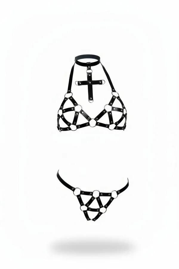 Caged Faux Leather Harness Bra & Thong Set with Cross