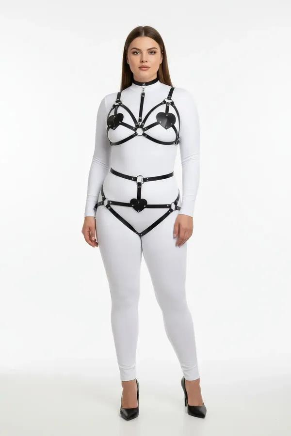 Heart Detail Faux Leather Harness Bra & Garter Set