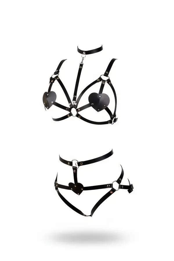Heart Detail Faux Leather Harness Bra & Panty Set