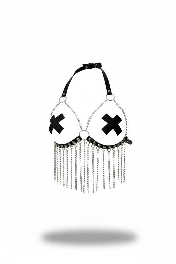 Faux Leather Chest Harness Bra with Fringe Chains & Crosses