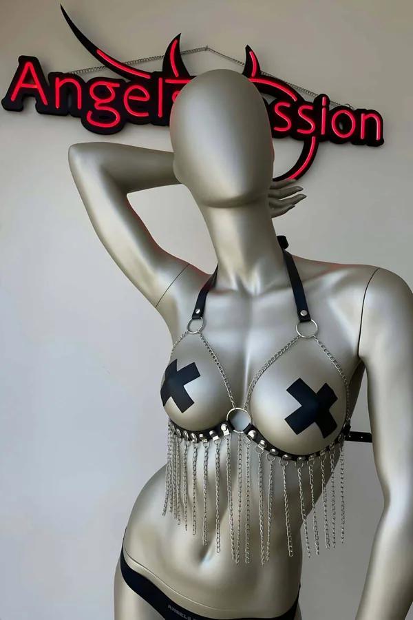 Faux Leather Bra Harness with Draping Chains and Studs