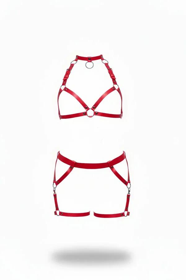 red faux leather halter harness bra and garter shorts set with silver o-ring hardware flat lay