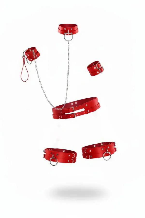 Red faux leather body harness set with silver chain, studded waist belt, collar, wrist and ankle cuffs