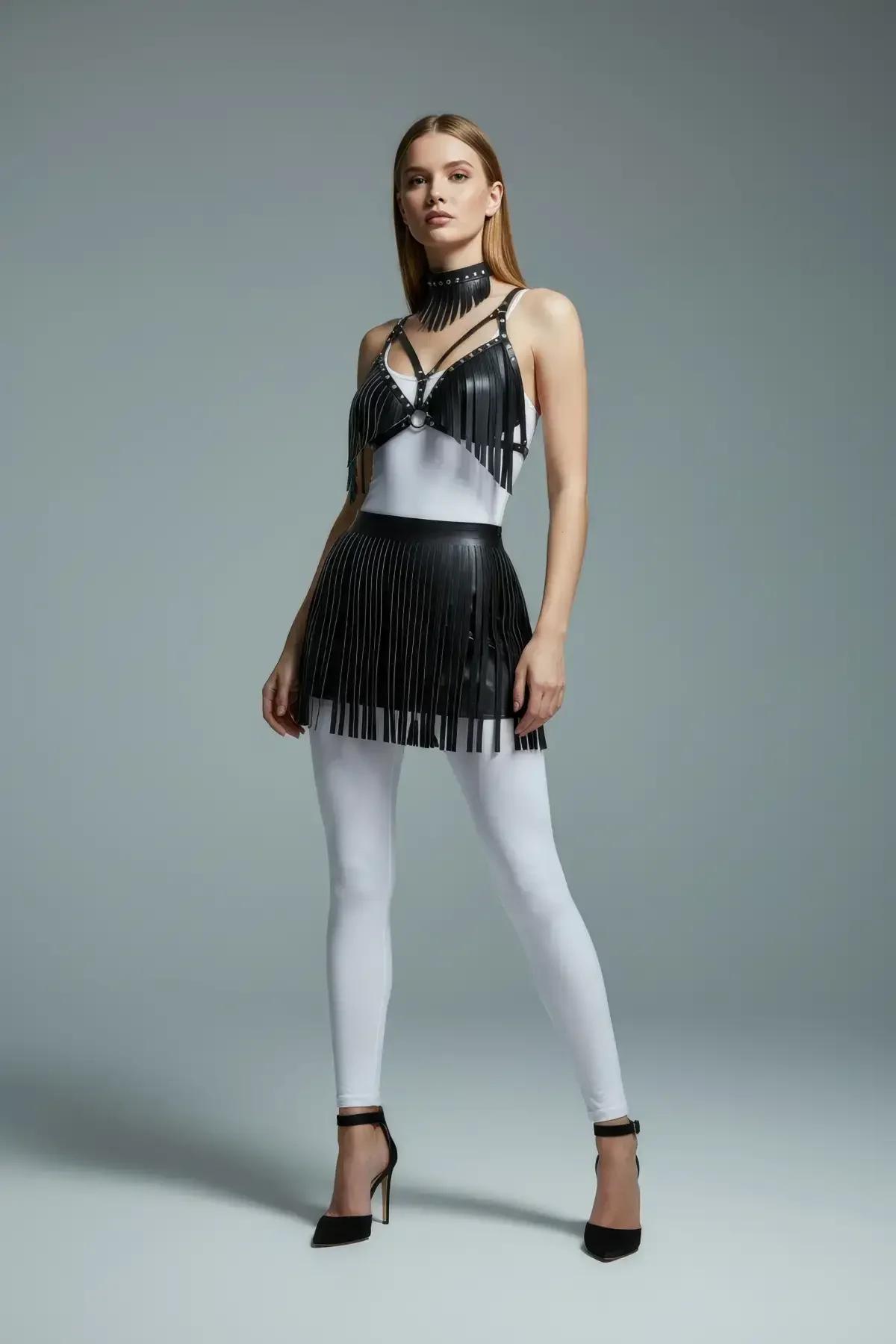Fringe Faux Leather Mini Skirt with Adjustable Waist