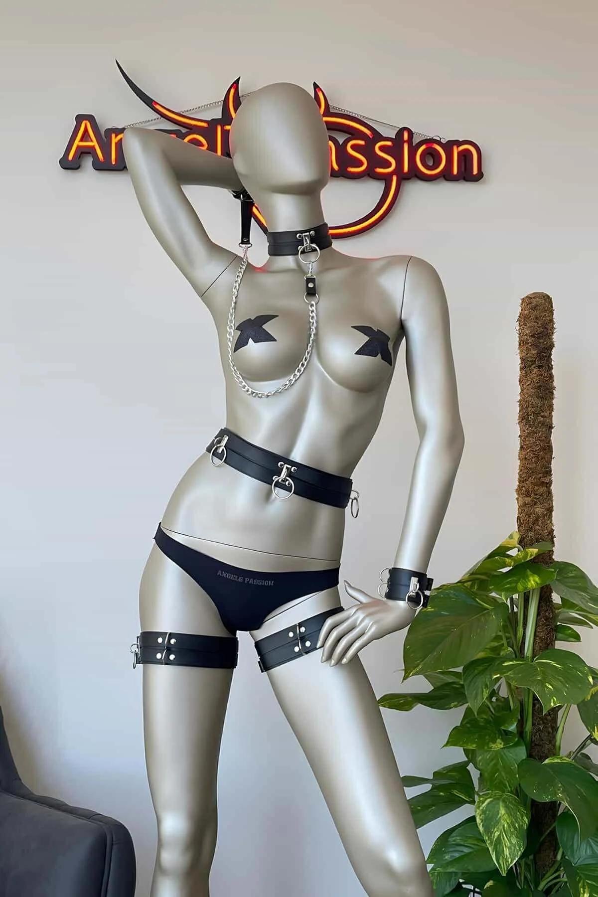 Black Vegan Leather Choker, Belt, Cuffs & Thigh Harness Set