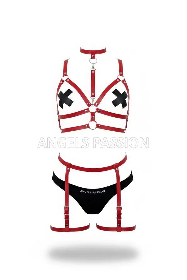 Red Faux Leather Caged Harness Bra and Garter Set