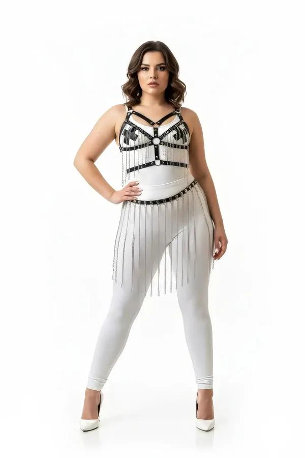 Faux Leather Body Harness with O-Rings & Fringe Chain Skirt Set